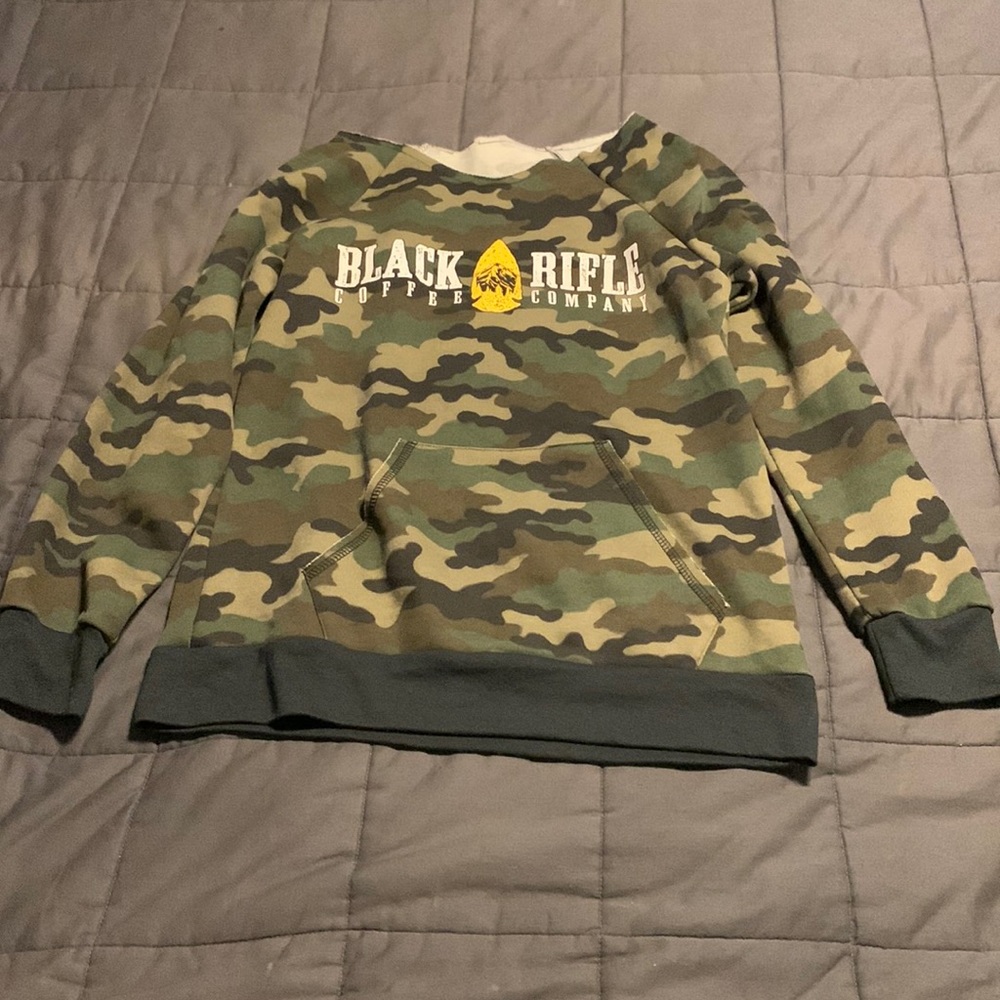Women’s camo Black Rifle Coffee Company distressed crewneck